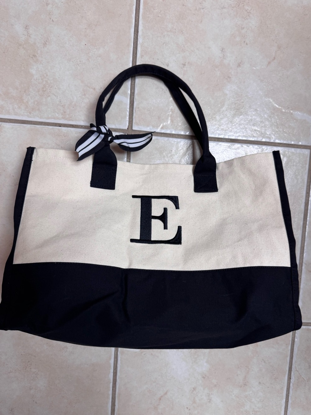 TopDesign Personalized Two-Tone Black & Cream Canvas Tote Bag with Initial E